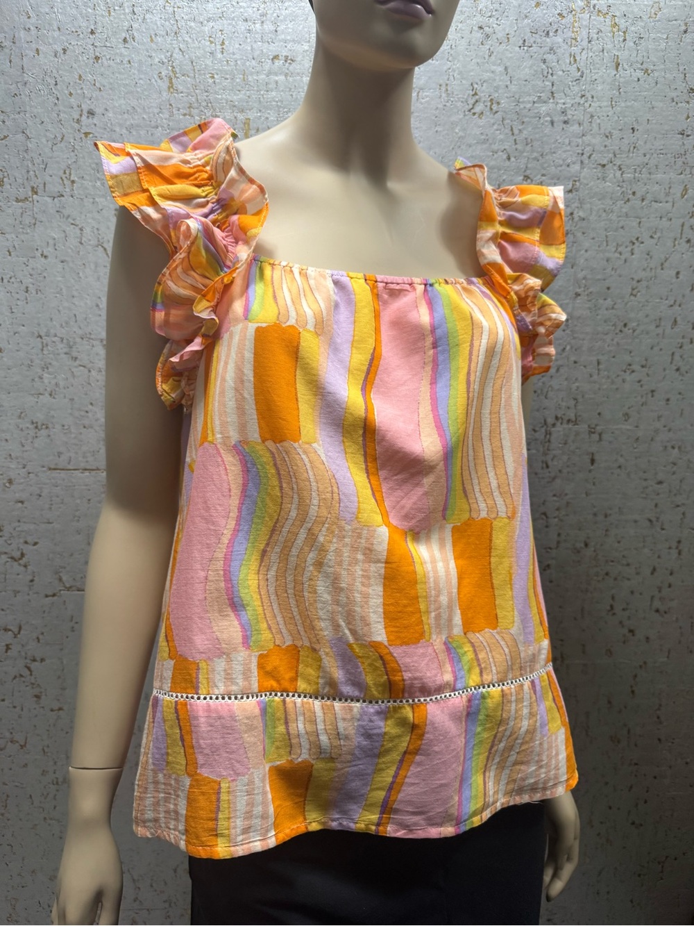 Fate “Celine” Ruffle-Strap Striped Camisole in Pink & Orange